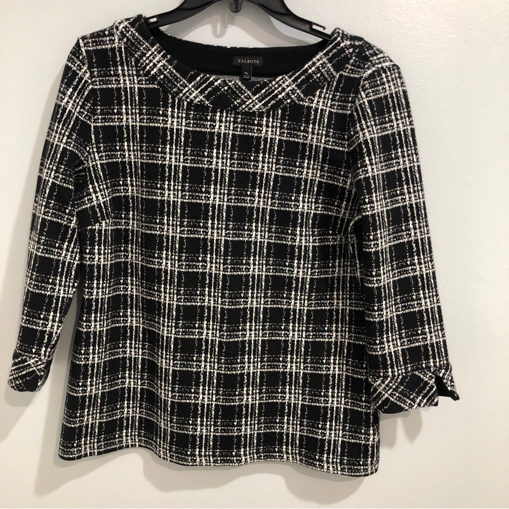 Talbots Womens Size Mp Black White Plaid Tweed Knit Tunic Top 3/4 Sleeve Blouse